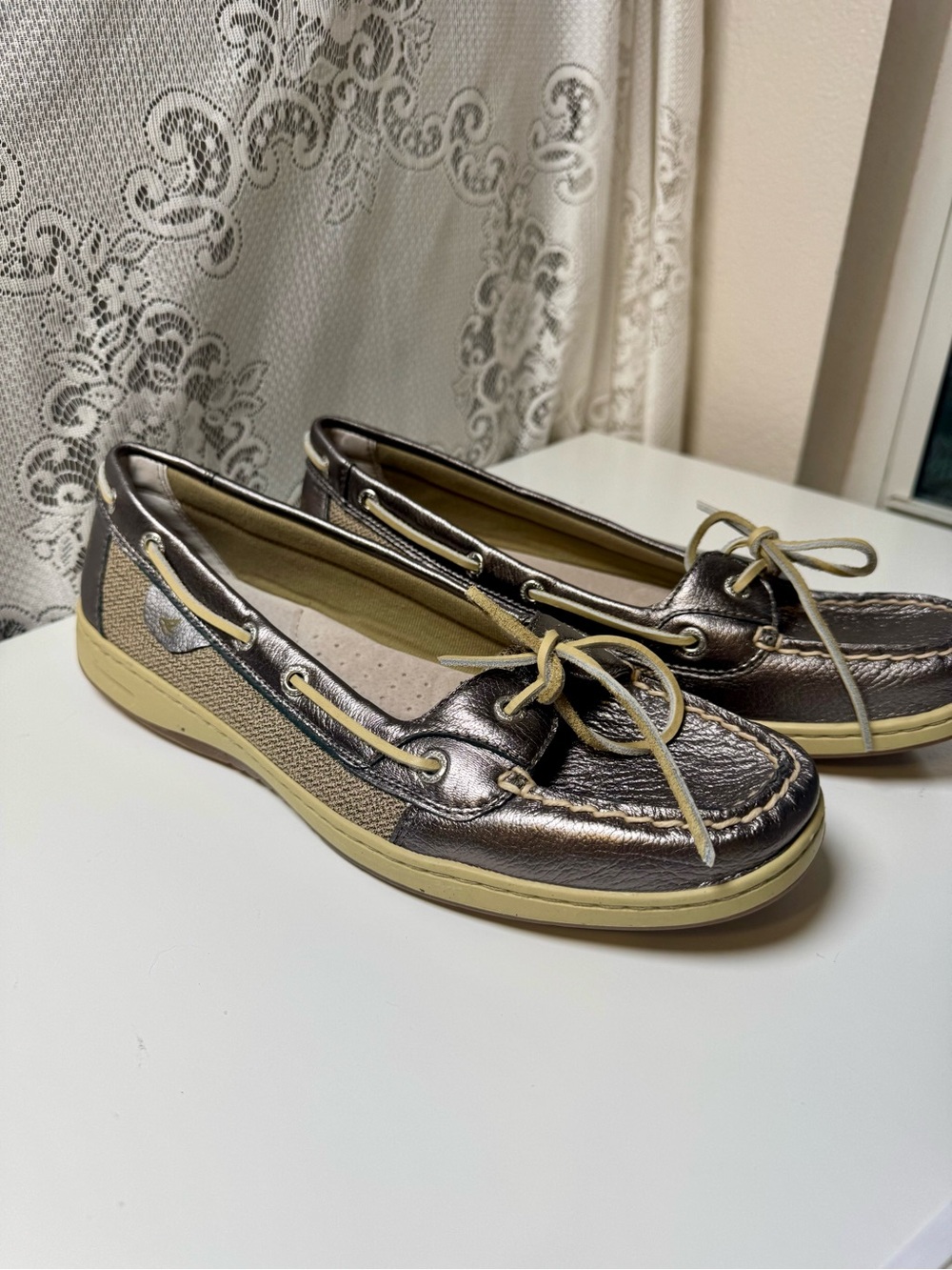 Sperry Angelfish Pewter Metallic Bronze Leather Mesh Boat Shoes,Women’s 11M NWOB